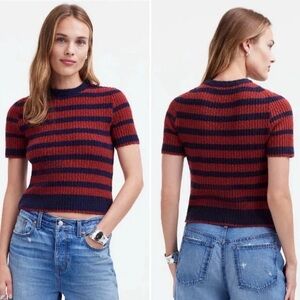 Madewell Navy and Red Striped Short Sleeve sweater Top